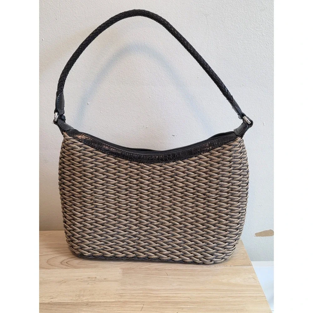 Brighton Edna Brown Braided Leather Woven Straw Shoulder Bag Logo Beach Picnic